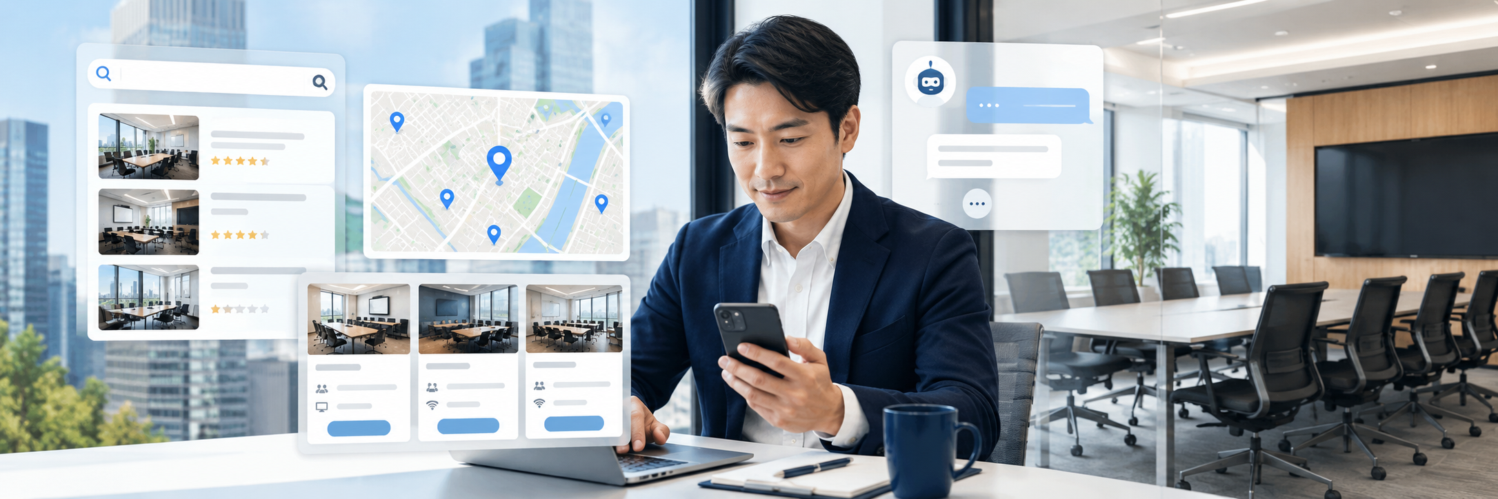 AIにおすすめの貸し会議室を聞くイメージ